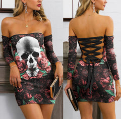 Skull Sugar Red Rose Off-shoulder Back Lace-up Dress - Wonder Skull