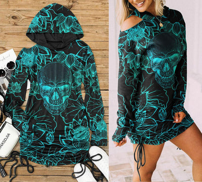 Lotus Pattern Skull Print Open Shoulder Dress - Wonder Skull