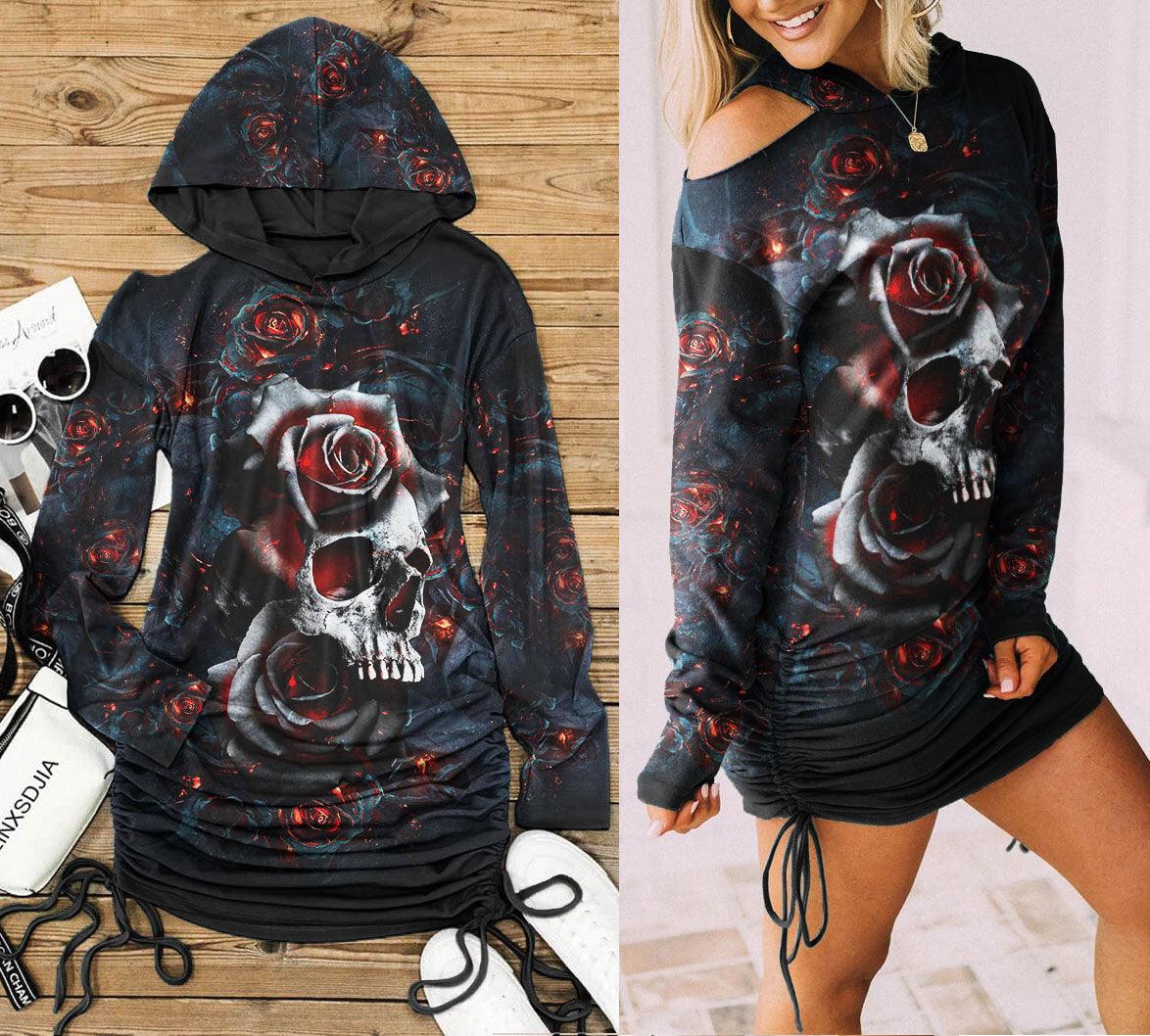 Black Skull Rose Color Drawing Skull Print Open Shoulder Dress - Wonder Skull