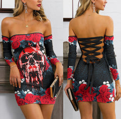 Skull Rose Flower Gothic Off-shoulder Back Lace-up Dress - Wonder Skull