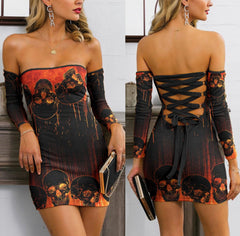 Skull Sugar Lava Off-shoulder Back Lace-up Dress - Wonder Skull