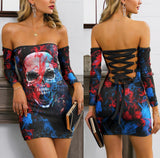 Skull Sugar Red Blue Smoke Off-shoulder Back Lace-up Dress - Wonder Skull