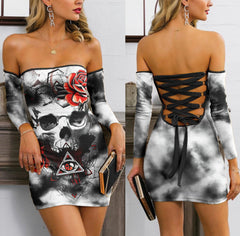 Skull Rose Red Tie Dye Off-shoulder Back Lace-up Dress - Wonder Skull