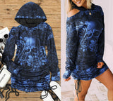 Skull Dark Blue Rose Print Open Shoulder Dress - Wonder Skull