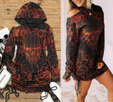 Lotus Orange Skull Print Open Shoulder Dress - Wonder Skull