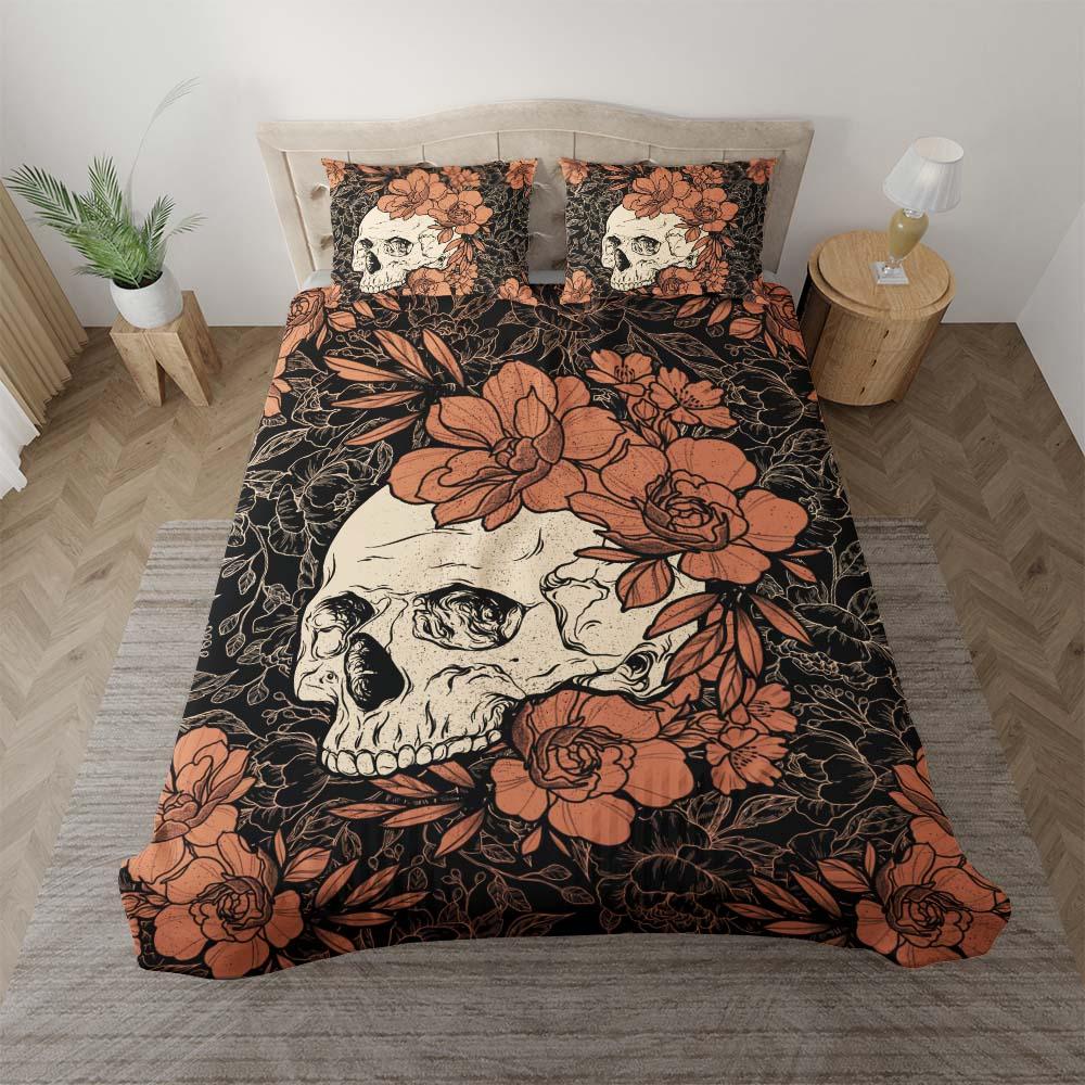 Cyan Skull Floral Duvet Cover Set - Wonder Skull