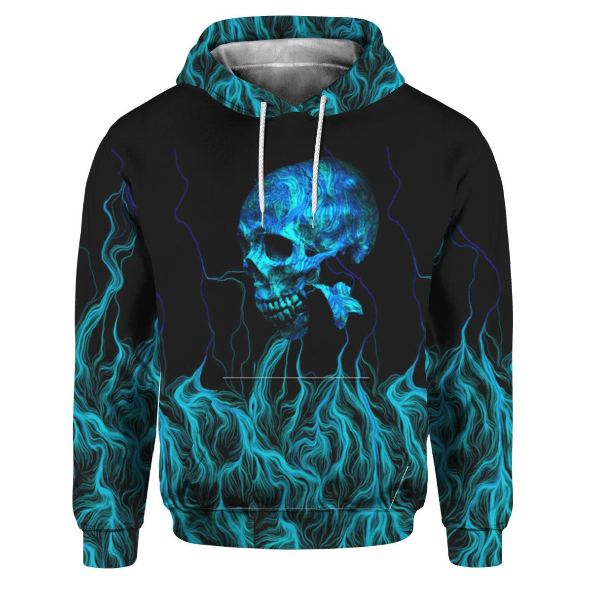 Gothic Blue Skull All Over Print Unisex Pullover Hoodie, Attractive Fire Head Design Outerwear - Wonder Skull