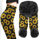 Sunflower Winter Leggings, Fashionable Warm Velvet Inside Pants For Women - Wonder Skull