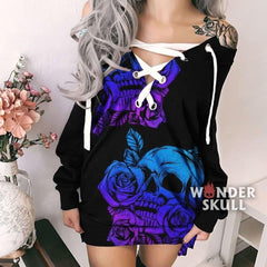 Skull Rose 2 Side Sexy Lace Up Deep V-Neck Off Shoulder Long Sleeve Dress - Wonder Skull