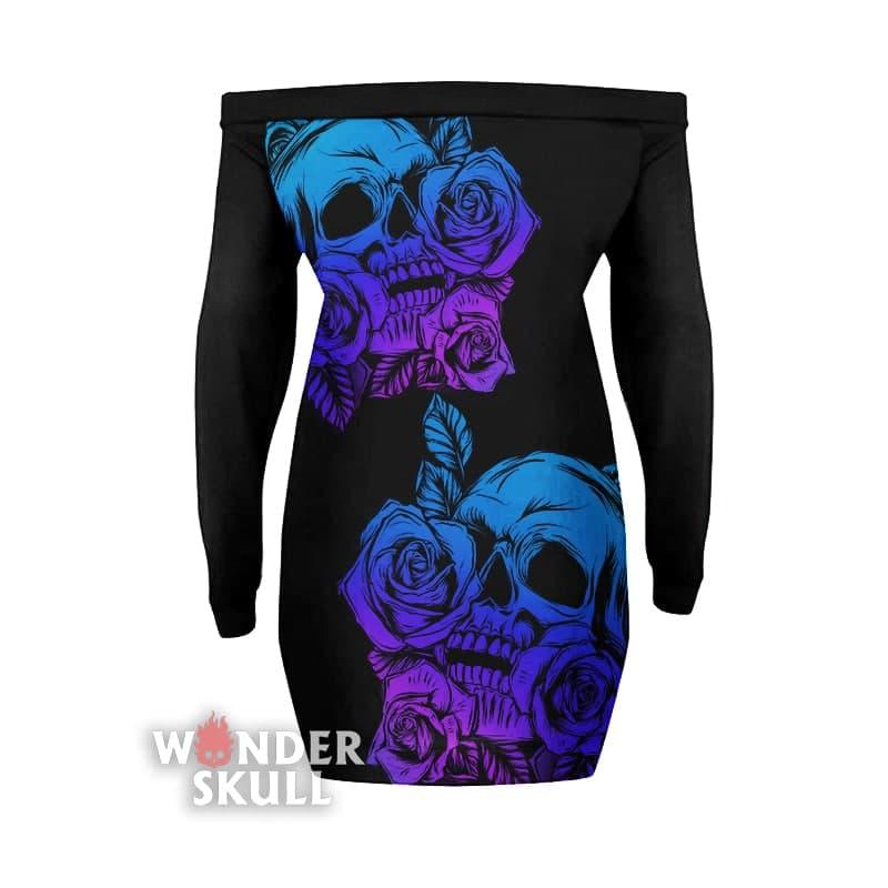 Skull Rose 2 Side Sexy Lace Up Deep V-Neck Off Shoulder Long Sleeve Dress - Wonder Skull
