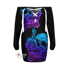 Skull Rose 2 Side Sexy Lace Up Deep V-Neck Off Shoulder Long Sleeve Dress - Wonder Skull