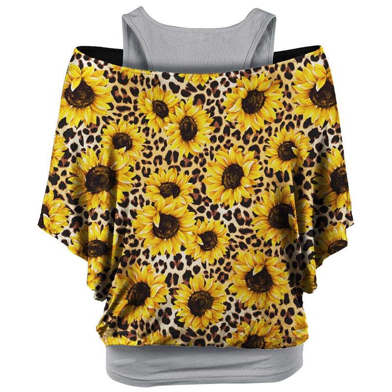 Leopard Sunflower Pattern Tank Top & Shirt, Cool Printed 2 Piece For Summer - Wonder Skull