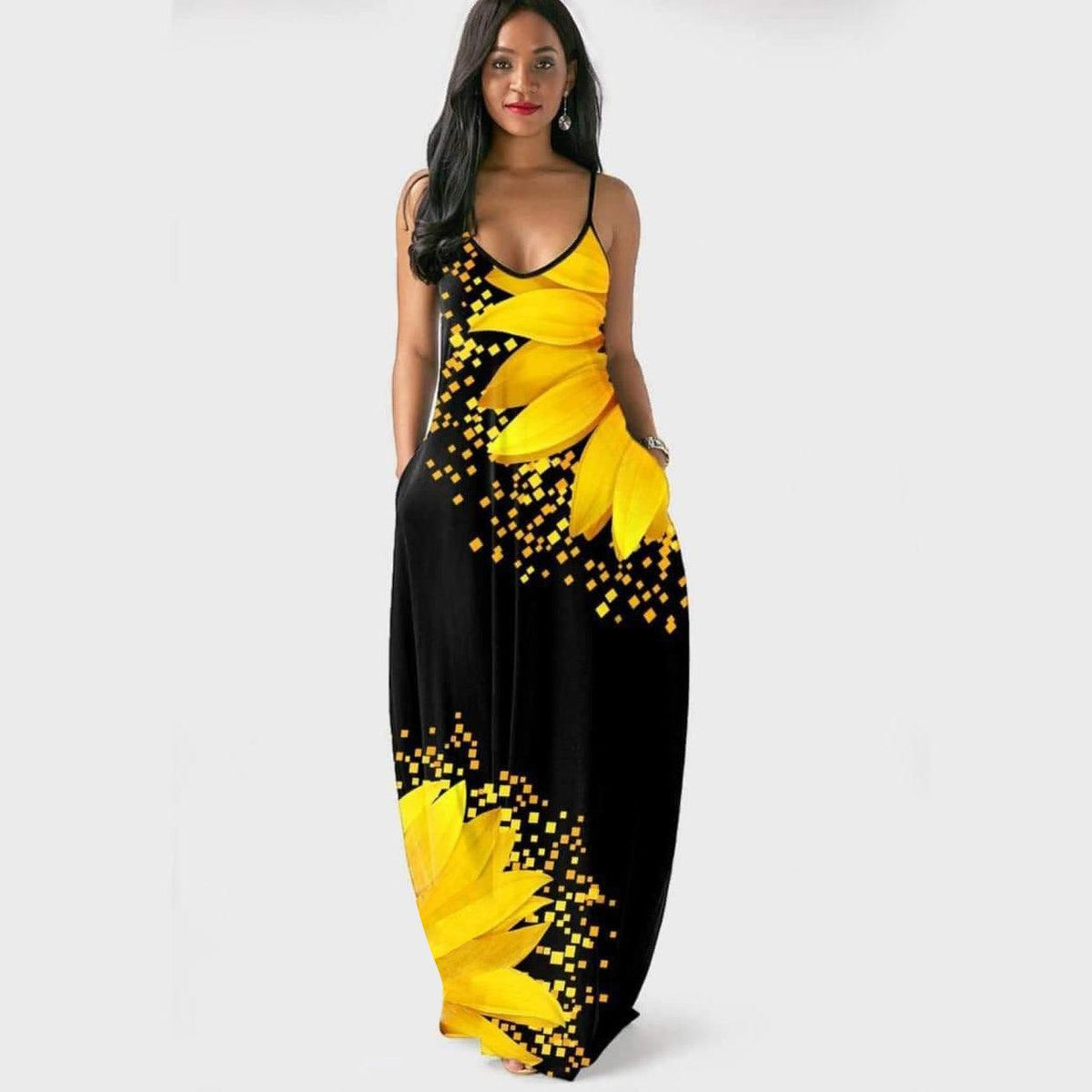 Sunflower Print Spaghetti Strap Long Dress, Stylist Side Pocket Maxi Dress For Summer - Wonder Skull