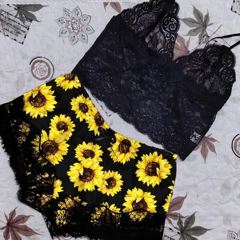 Sunflower Lace Crop Top & Short, Sexy 2 Piece Sleepwear For Women