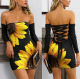 Sunflower Lace Up Dress, Elegant Back Bardot Bodycon For Women - Wonder Skull