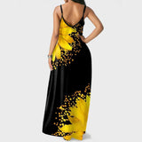 Sunflower Print Spaghetti Strap Long Dress, Stylist Side Pocket Maxi Dress For Summer - Wonder Skull