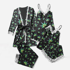 Cannabis Women Set 5pc Pajamas Set Sexy Silky Lace Thin Sleep Pants Nightdress - Wonder Skull