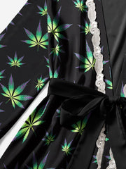 Cannabis Women Set 5pc Pajamas Set Sexy Silky Lace Thin Sleep Pants Nightdress - Wonder Skull