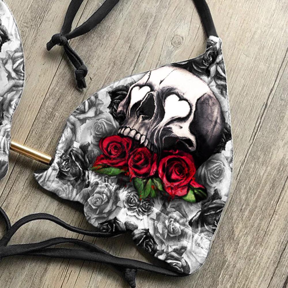 Red Skull Rose Bandage Bikini Set, Sexy Spaghetti Swimsuite For Women - Wonder Skull