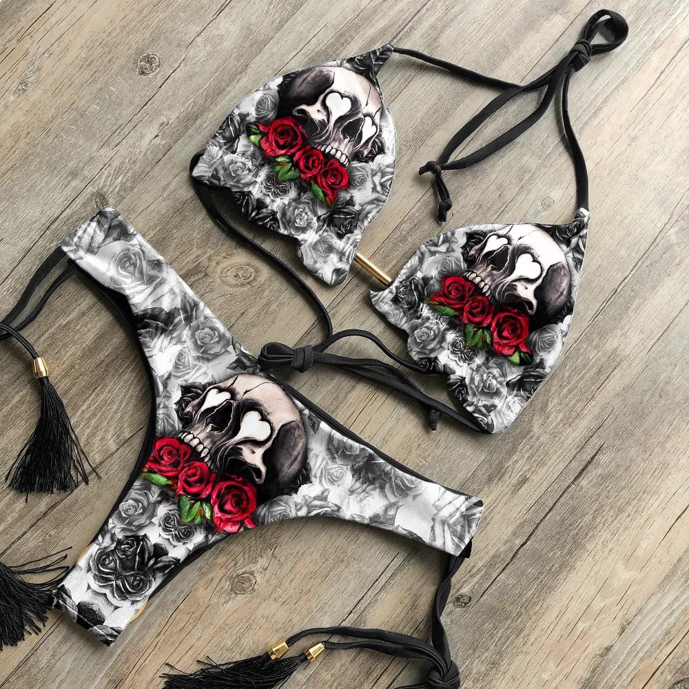 Red Skull Rose Bandage Bikini Set, Sexy Spaghetti Swimsuite For Women - Wonder Skull