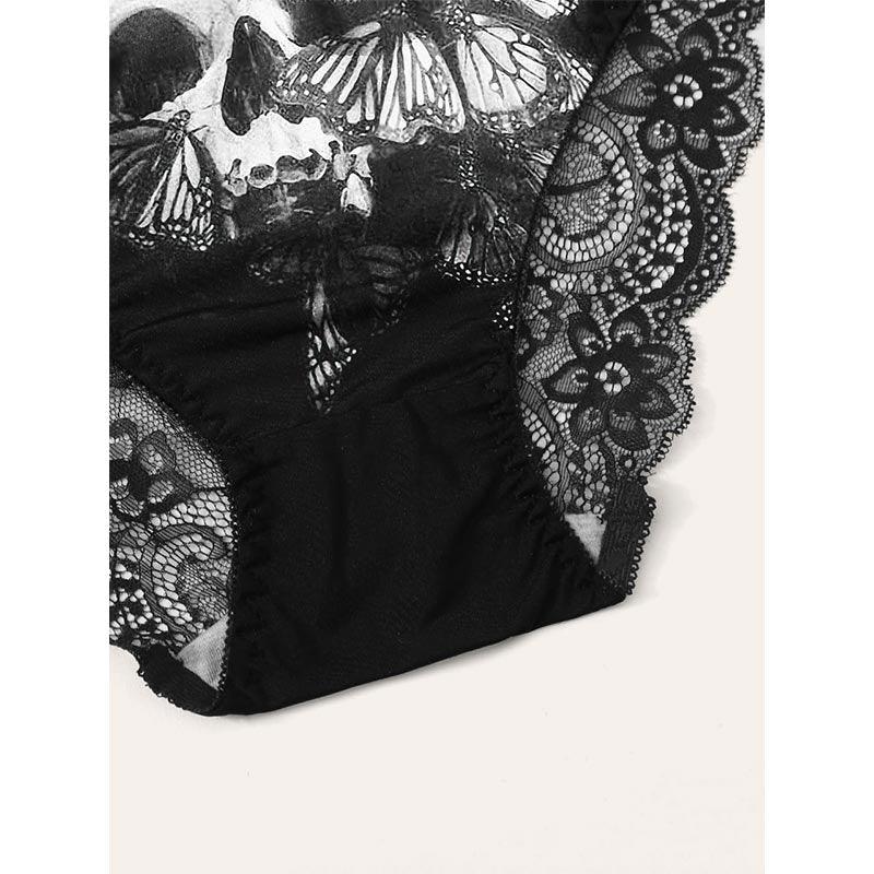 Skull Butterfly Lace Cutout Crochet Lingerie Set, Sexy 2 Piece Sleepwear For Women - Wonder Skull