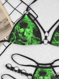 Thunder Green Skull Gothic Micro Bikini, Sexy Lemonade Ring Swimsuit Set For Women - Wonder Skull