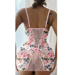 Pink Skull Floral Lace Bodycon Slips With Thong & Leg Ring, Sexy 2 Piece Set For Women - Wonder Skull