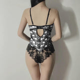 Gothic Skull Sexy Lingerie Bodysuit, Hot Black White Cutout Set For Women - Wonder Skull