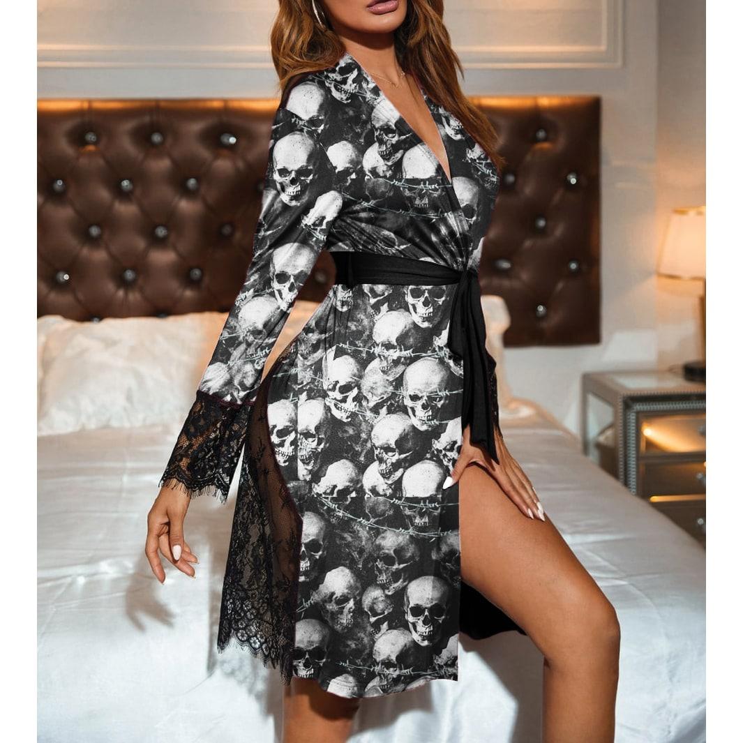 Gothic Skull Barbed Wire Night Robe, Sexy Contrast Lace Belted Pajama For Women - Wonder Skull