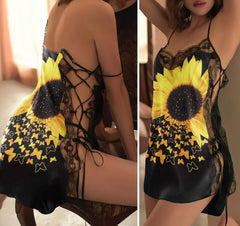 Sunflower Butterfly Lace Trim Strappy Sleepwear, Sexy Sleeping Dress For Women - Wonder Skull