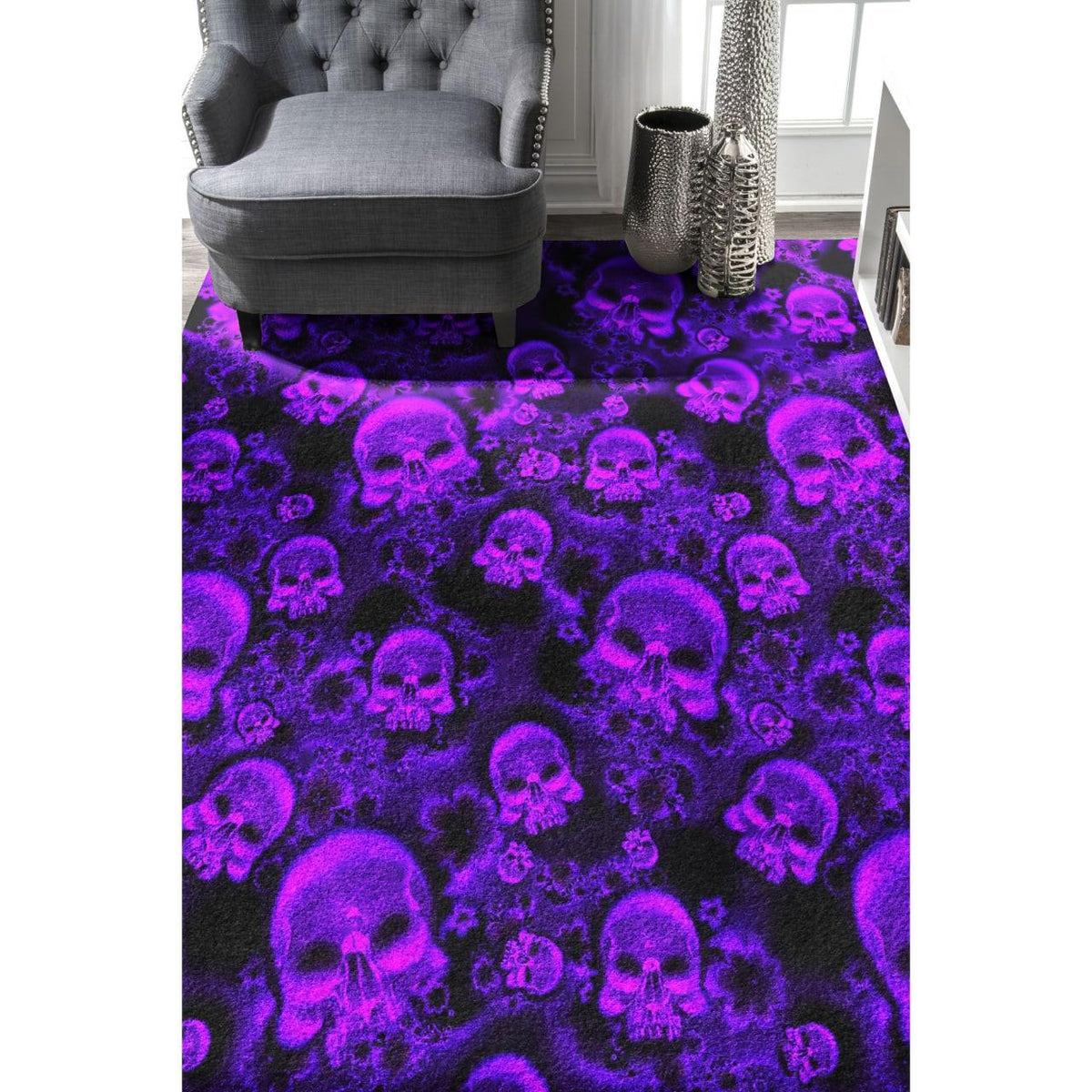 Skull Gothic Dark Purple Flowers Area Rugs - Wonder Skull