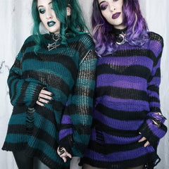 Gothic Hole Stripe Knitted Pullovers, Beautiful Sweater For Women - Wonder Skull
