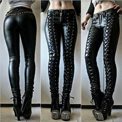 Black Faux Leather Pants, Amazing Gothic Leggings For Women - Wonder Skull