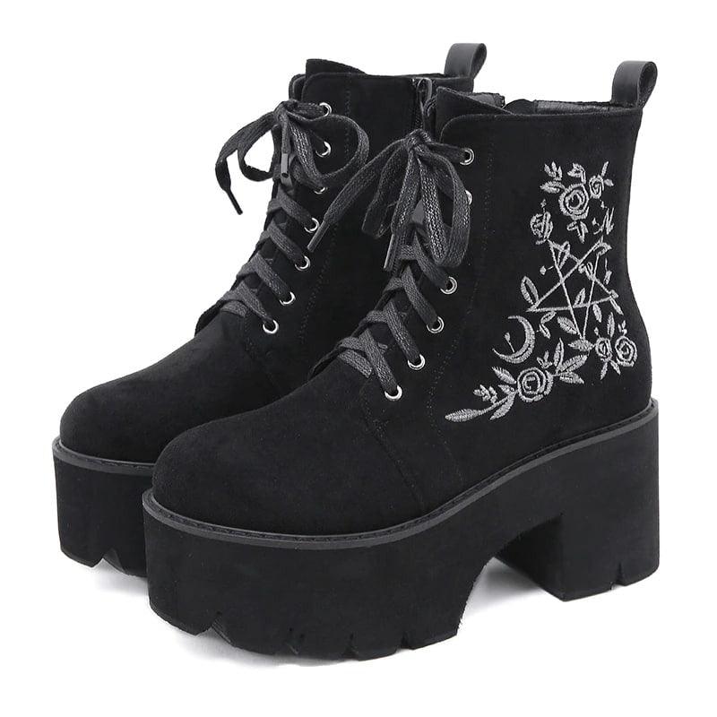Black Flower Comfortable Goth Shoes, Adorable Platform Shoes For Women - Wonder Skull