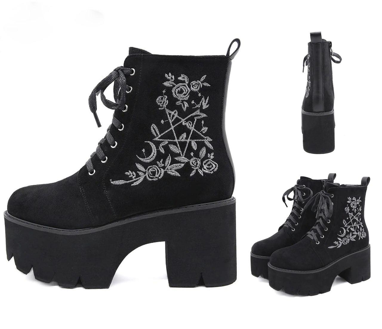 Black Flower Comfortable Goth Shoes, Adorable Platform Shoes For Women - Wonder Skull