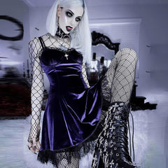 Goth Purple High Waist Dress, Vintage Velvet Lolita Outfit - Wonder Skull