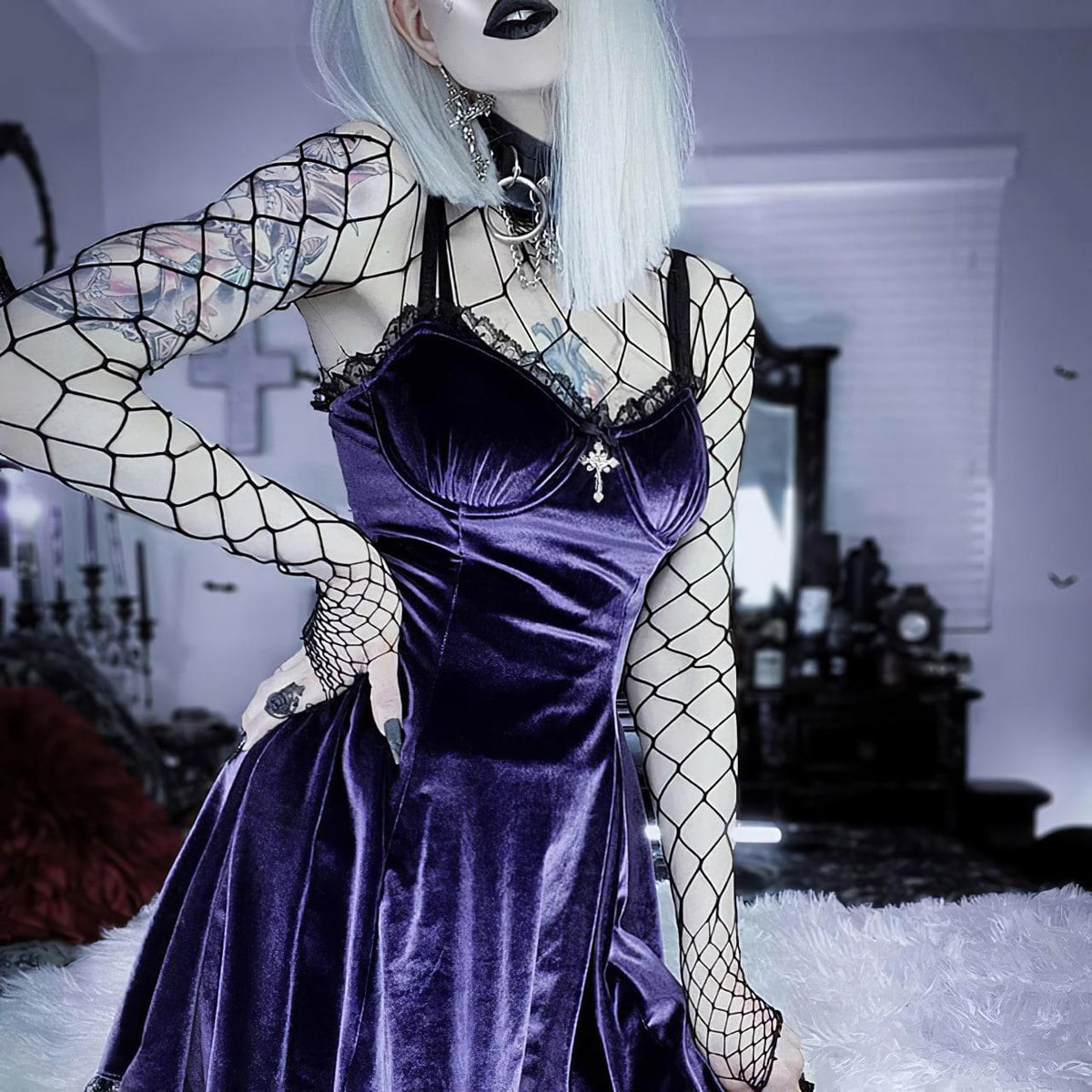 Goth Purple High Waist Dress, Vintage Velvet Lolita Outfit - Wonder Skull