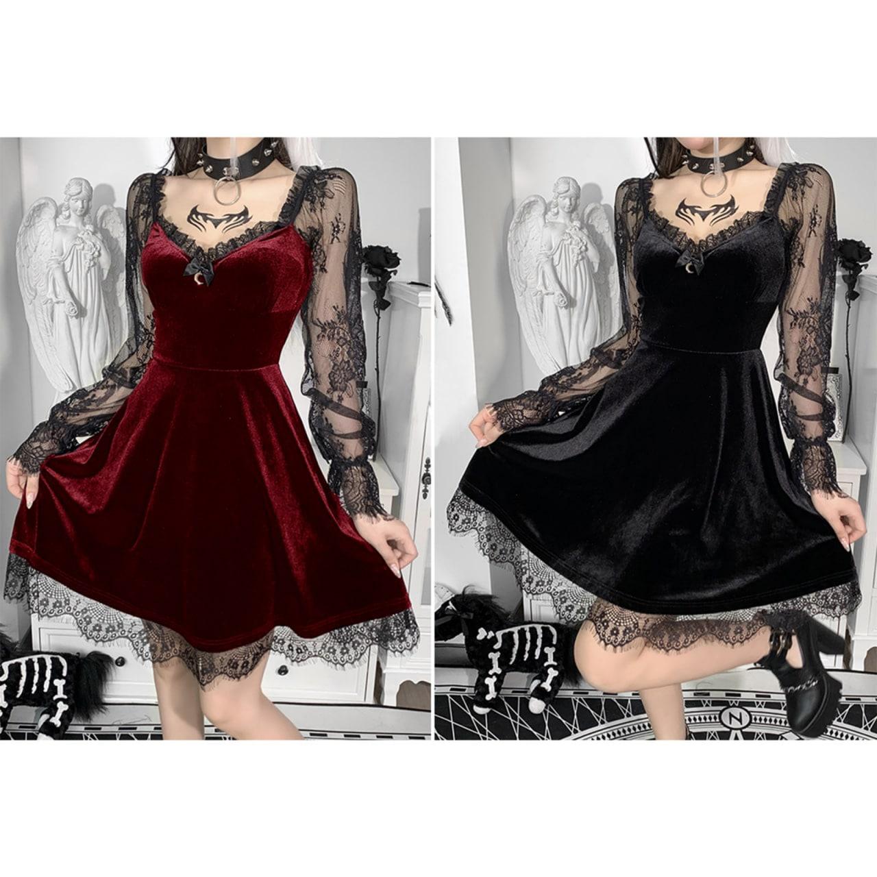 Gothic Black Lace Trim High Waist Dress, Vintage Bodycon For Women - Wonder Skull