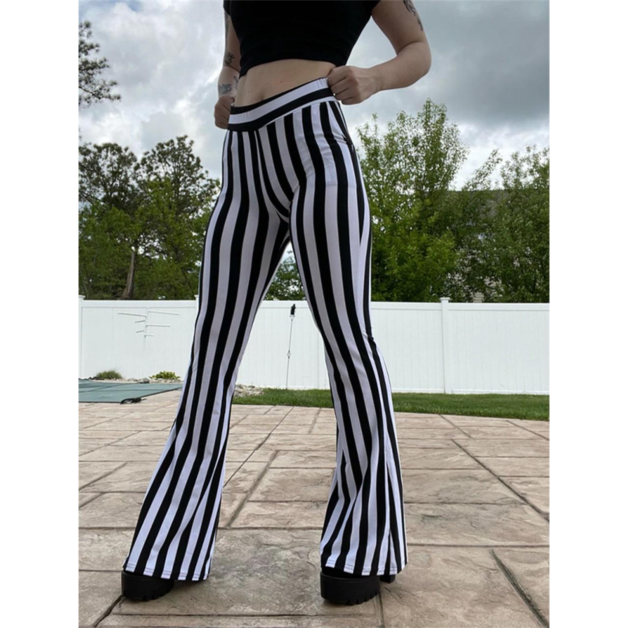 Gothic Vertical Striped Loose Trousers, Attractive High Waist Wide Leg Pants For Women - Wonder Skull