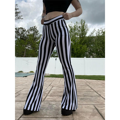 Gothic Vertical Striped Loose Trousers, Attractive High Waist Wide Leg Pants For Women - Wonder Skull
