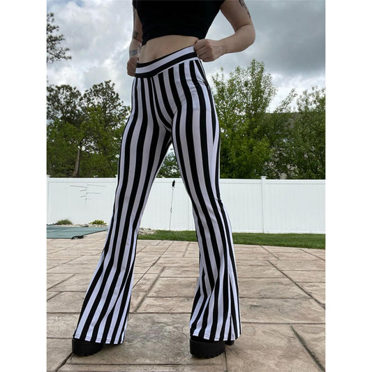 Gothic Vertical Striped Loose Trousers, Attractive High Waist Wide Leg Pants For Women - Wonder Skull