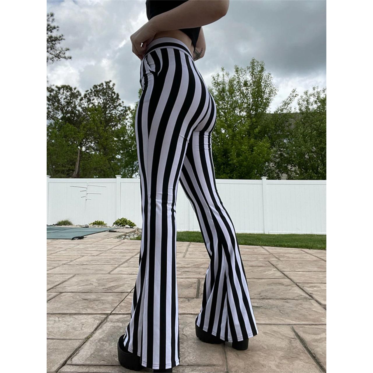 Gothic Vertical Striped Loose Trousers, Attractive High Waist Wide Leg Pants For Women - Wonder Skull