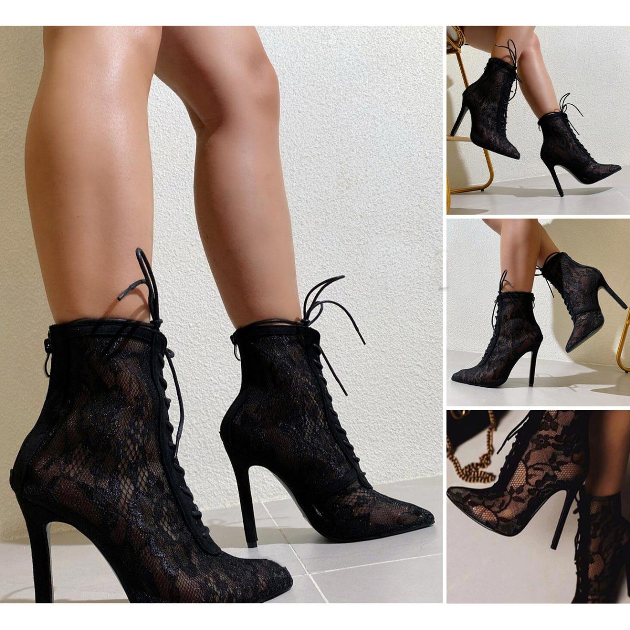 Gothic Mesh Boots, Sexy Lace-Up Thin High Heels For Women - Wonder Skull