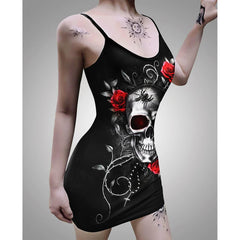 Gothic Skull Rose Printed Body Dress, Elegant Shape Out Sleeveless Minidress For Women - Wonder Skull