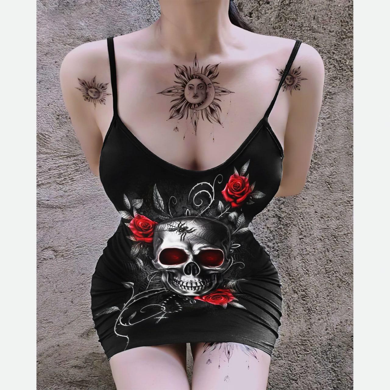 Gothic Skull Rose Printed Body Dress, Elegant Shape Out Sleeveless Minidress For Women - Wonder Skull