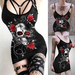 Gothic Skull Rose Printed Body Dress, Elegant Shape Out Sleeveless Minidress For Women - Wonder Skull