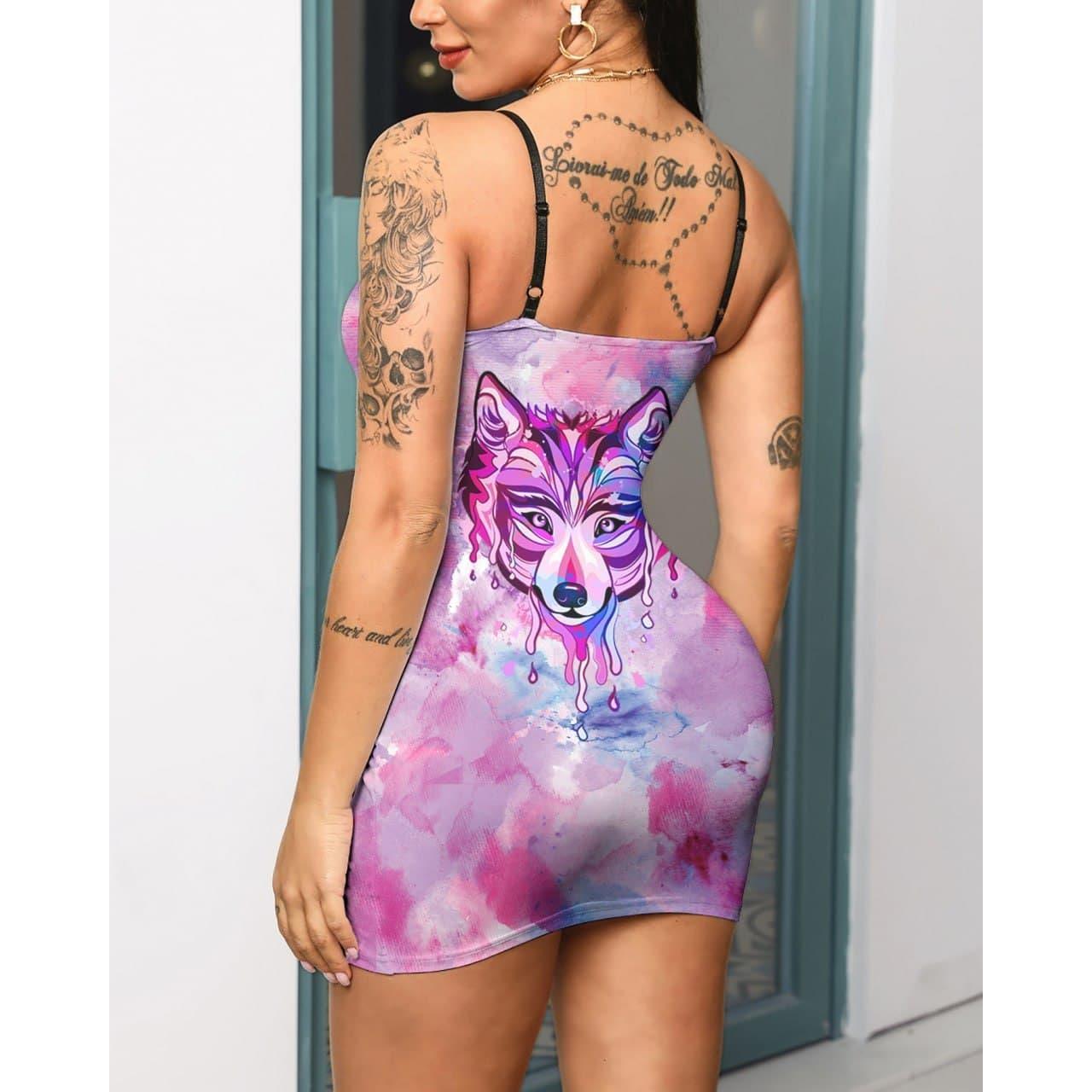Galaxy Wolf Eyelet Lace Up Print Dress, Stunning Printed Vestido For Women - Wonder Skull