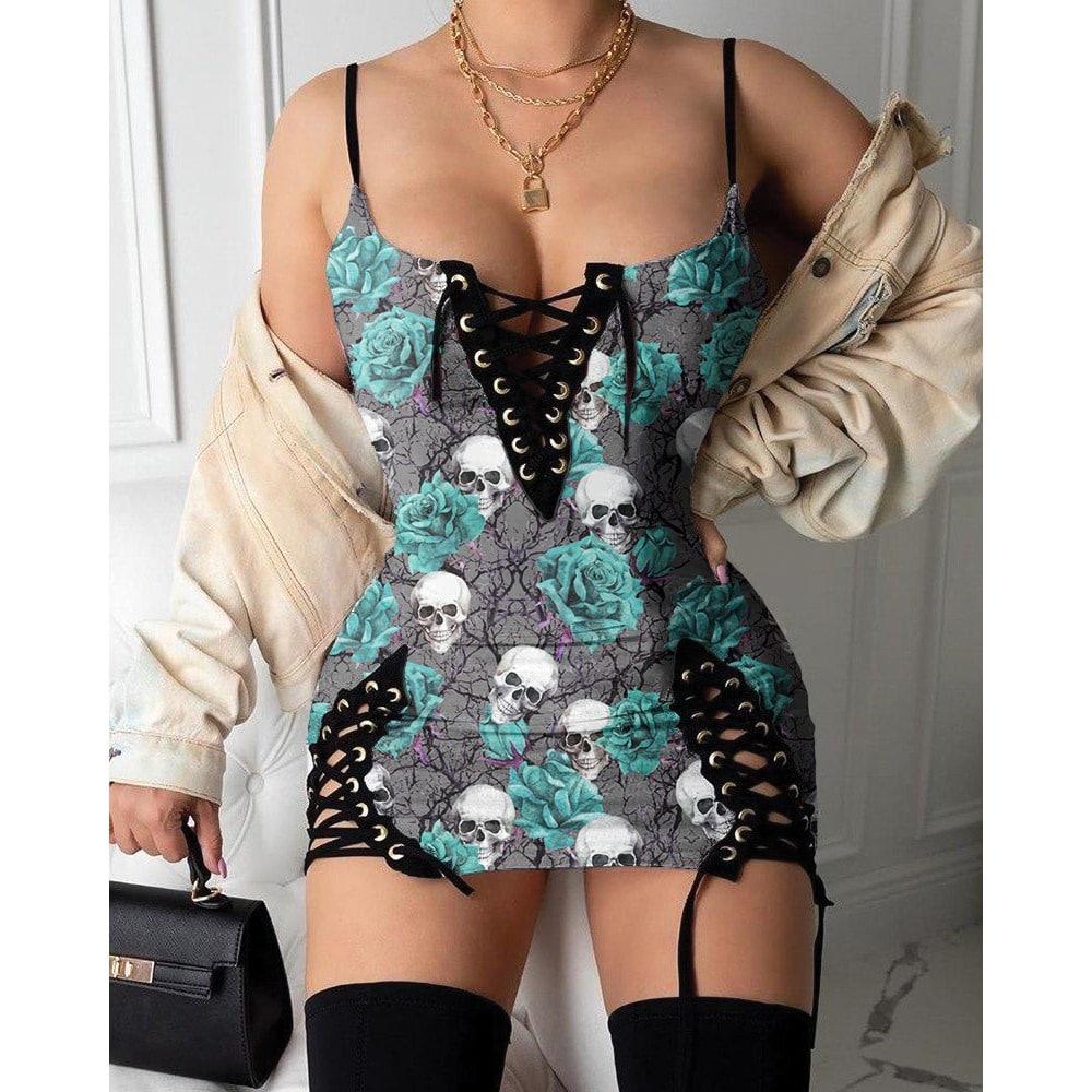 Skull Green Rose Eyelet Lace-up Dress, Sexy Body Tight Vestido For Women - Wonder Skull