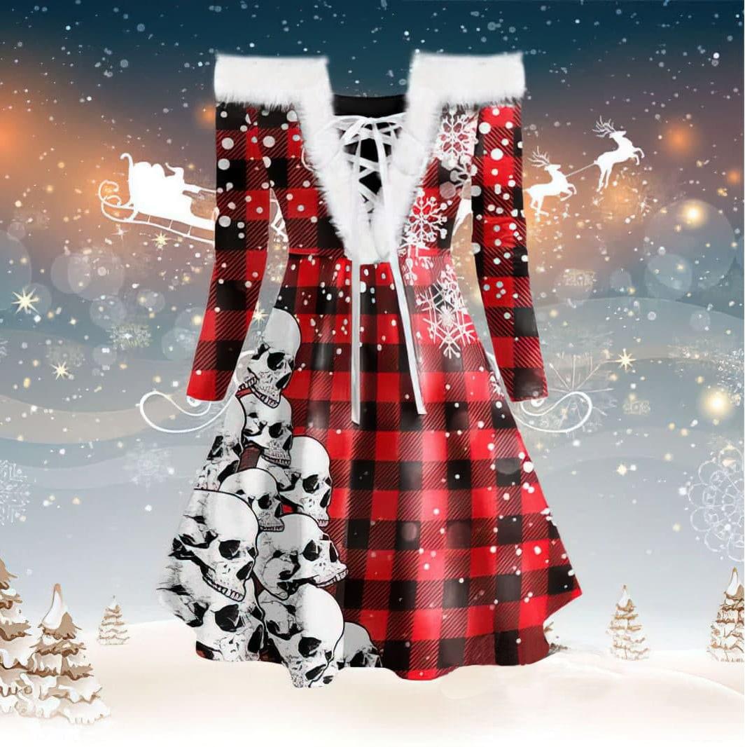 Skull Snow Fur-collar Dress, Sexy Red Checked Strapless Vestido For Women - Wonder Skull