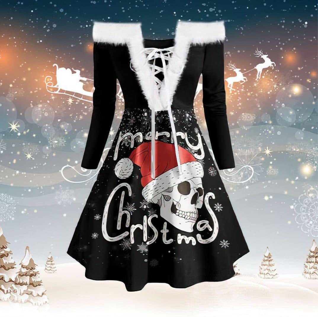 Merry Christmas Skull Tie Front Dress, Sexy Lace-Up Black Snow Partywear For Women - Wonder Skull